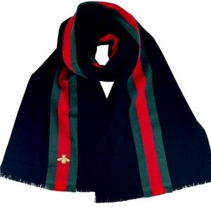 Gucci Black Wool Cashmere Silk Long
Scarf with BRB Web and Bee